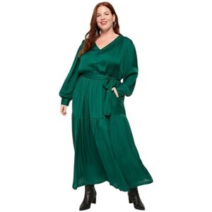 Lane Bryant Green satin v neck tiered maxi Dress long Sleeves 24 nwt no belt